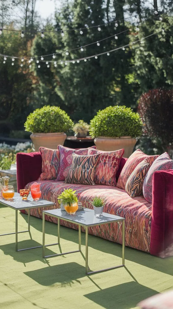 Colorful outdoor sofa with decorative pillows, drinks, and potted plants under string lights, creating a vibrant relaxation space.