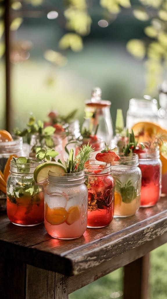 Colorful cocktails in mason jars with fruits and herbs on a rustic wooden table, perfect for outdoor gatherings.