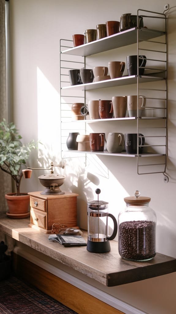 A cozy kitchen scene featuring a shelf of assorted mugs, coffee grinder, and French press with coffee beans.