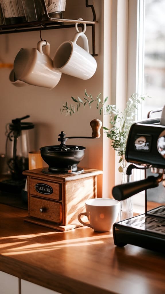 Vintage coffee grinder on a wooden countertop with an espresso machine and white mugs in a sunlit kitchen.