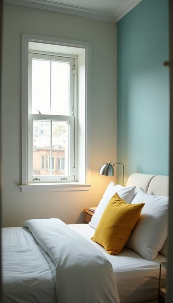 Cozy bedroom interior featuring a large window with white frames, beige wall, and a soft bed adorned with white linens and a yellow accent pillow, illuminated by a bedside lamp.