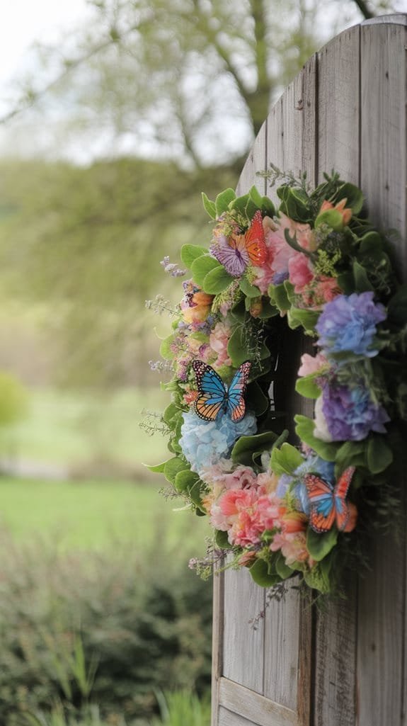 Colorful floral wreath with butterflies hanging on a rustic wooden fence in a serene outdoor setting.