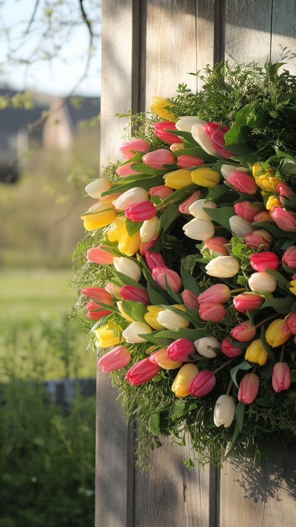 Colorful tulip wreath adorned with pink, yellow, and white flowers, hanging on a rustic wooden door.