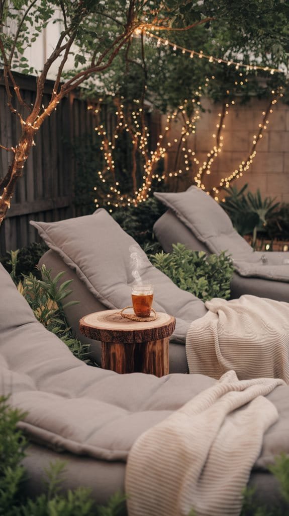 Cozy outdoor lounge area with plush seating, wooden table, and warm string lights, perfect for relaxation and gatherings.
