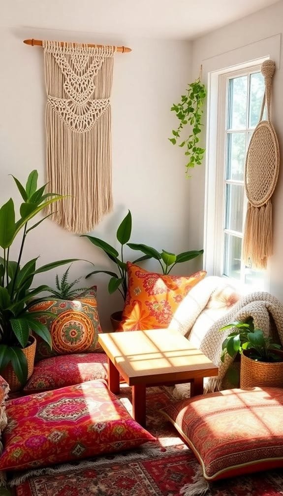 Cozy living space with macramé wall art, vibrant floor cushions, and lush plants, perfect for relaxation and style.