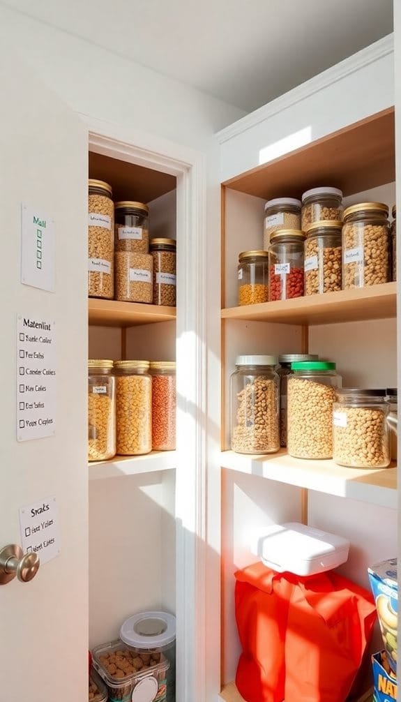 Neatly organized pantry with labeled jars of cereal, snacks, and dry goods on wooden shelves. Bright and airy storage space.