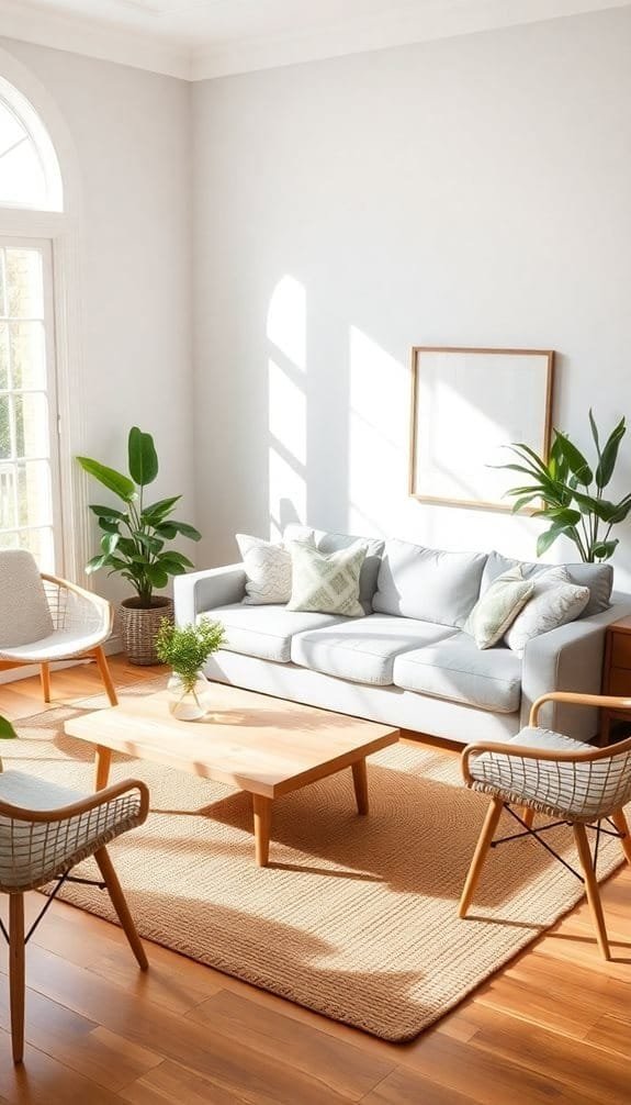 Bright and airy living room featuring a light gray sofa, a wooden coffee table, and stylish mid-century chairs. Indoor plants add a touch of greenery, while the sunlight streaming through large windows enhances the cozy atmosphere. Ideal for modern home decor inspiration.