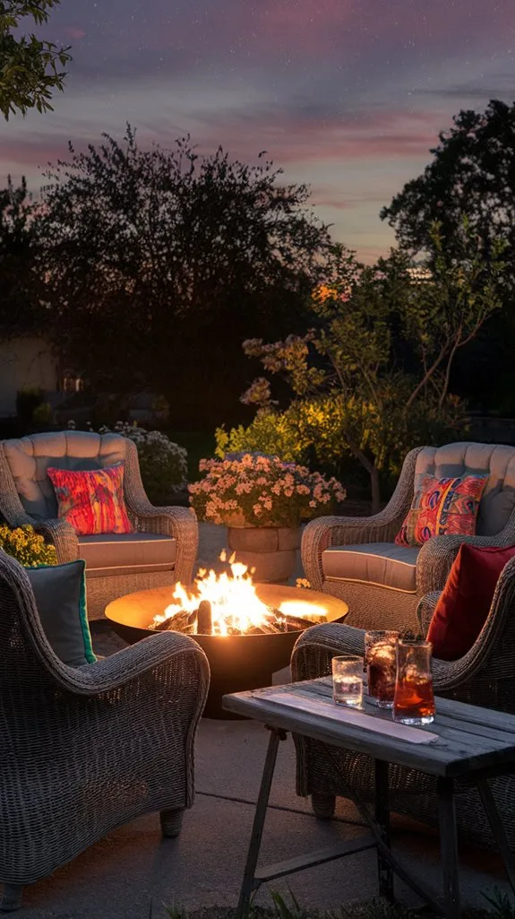 Cozy outdoor seating around a fire pit, with colorful cushions and drinks, surrounded by blooming flowers at sunset.