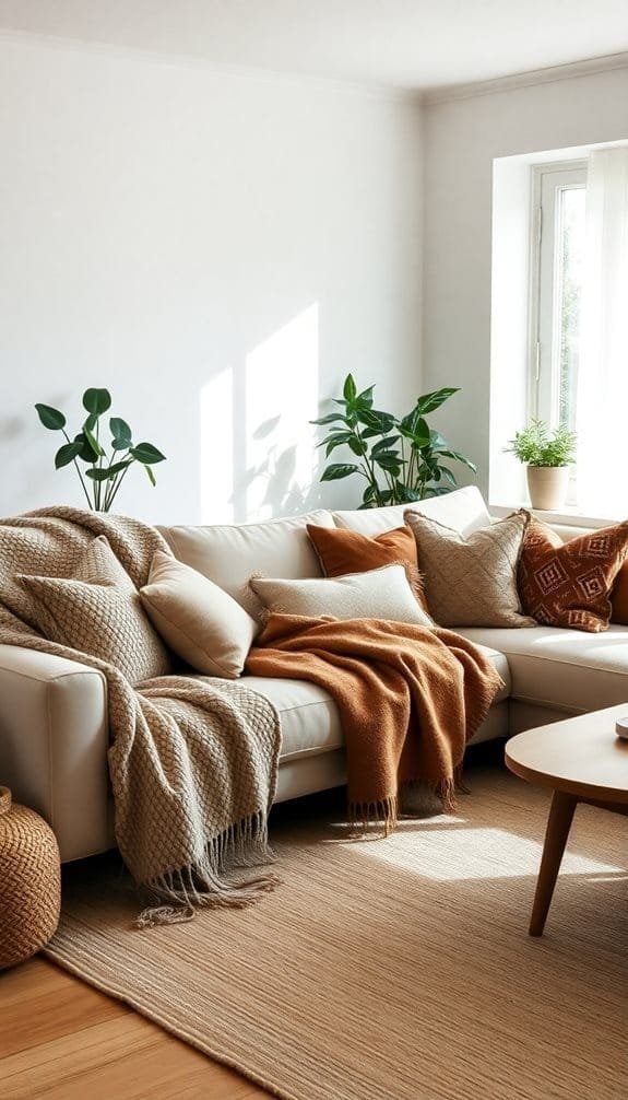 Cozy living room featuring a white sofa adorned with textured throws and pillows in neutral and warm tones. Lush green plants in decorative pots are positioned near a window, enhancing the inviting atmosphere. The natural light highlights a woven rug and a wooden coffee table, creating a warm and welcoming space.