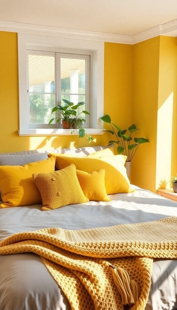 Bright yellow bedroom with cozy bedding, decorative pillows, and greenery, creating a warm and inviting atmosphere.