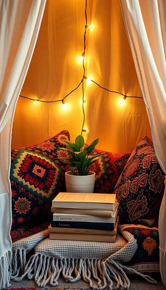 Cozy reading nook with colorful cushions, potted plant, books, and warm string lights against a vibrant backdrop.