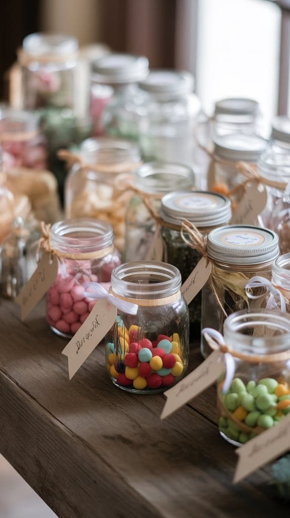 Assorted glass jars filled with colorful candies and decorative items for gifts displayed on a rustic wooden table.
