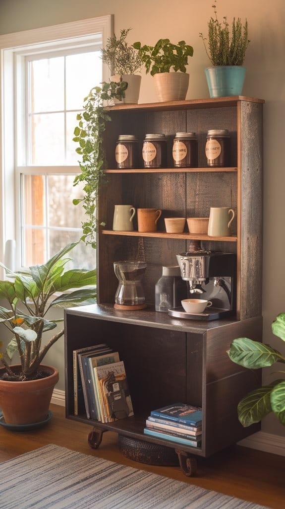 Cozy bookshelf coffee station with shelves, plants, and books, enhancing a warm interior aesthetic and inviting atmosphere.