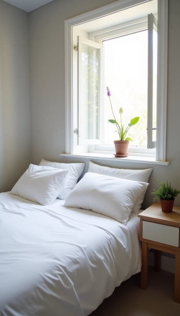 Cozy bedroom interior featuring a neatly made bed with white linens and multiple pillows, a wooden nightstand with potted plants, and a large open window allowing natural light to fill the room.