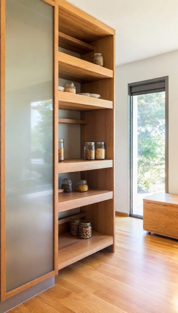 Modern pantry featuring jars of grains and a large window, showcasing a minimalist interior design.
