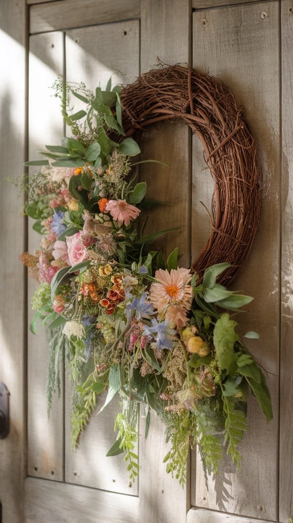 Colorful floral wreath made with assorted flowers and greenery hanging on a rustic wooden door.