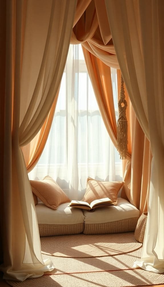 Cozy reading nook with soft pillows, draped curtains, and an open book, illuminated by natural light.