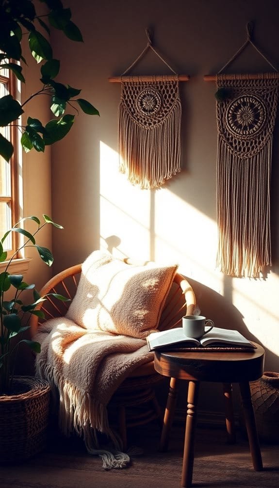 Cozy reading nook with macrame wall hangings, plants, a chair, blanket, book, and coffee cup illuminated by sunlight.