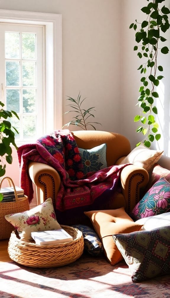 Eclectic style room scene featuring a comfortable armchair, colorful pillows, plants, and sunlight streaming through the window.