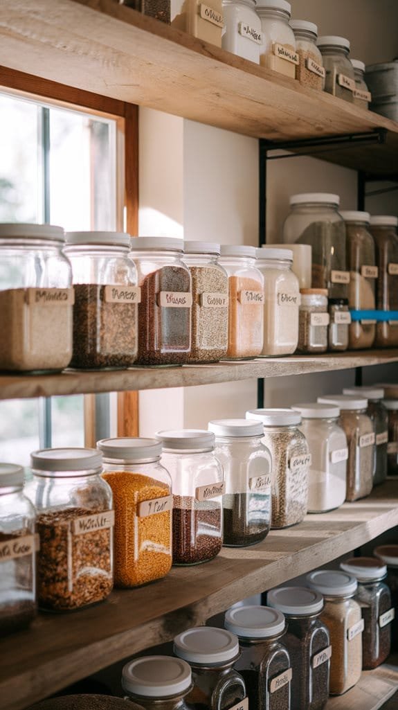 A neatly organized shelf displaying various labeled jars of spices and grains in a bright, airy kitchen.