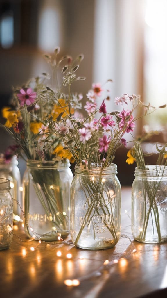 Colorful wildflowers in glass jars, decorated with fairy lights, creating a warm and inviting indoor atmosphere.