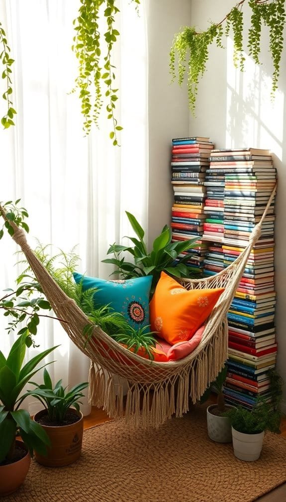Cozy indoor hammock surrounded by houseplants, pillows, and a colorful stacked bookshelf in sunlit corner.