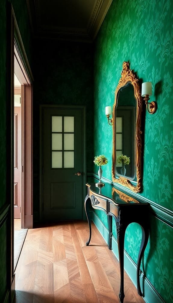 Elegant hallway featuring deep green patterned walls, a vintage gold-framed mirror, and a classic dark wood console table. Natural light enters through an interior door, highlighting the wooden herringbone flooring and decorative wall sconces.