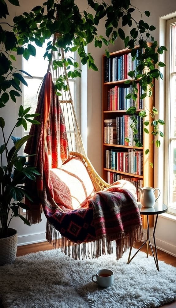 Cozy indoor scene featuring a hanging chair, plants, bookshelves, and a cup of tea on a side table.