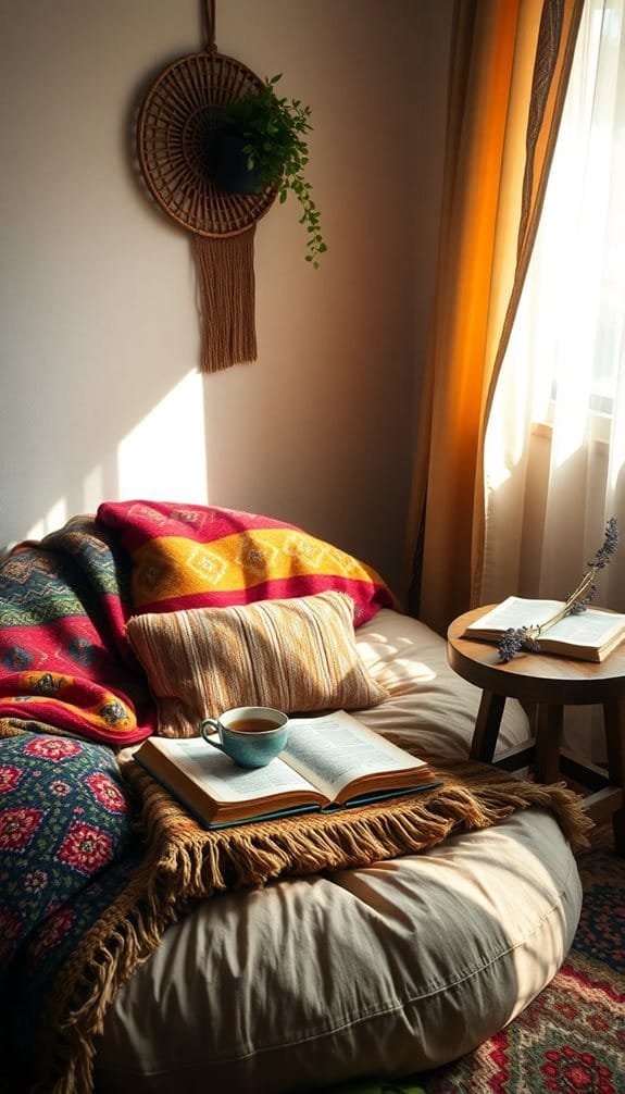 Cozy reading nook with colorful blankets, a book, and a small table, illuminated by natural sunlight.