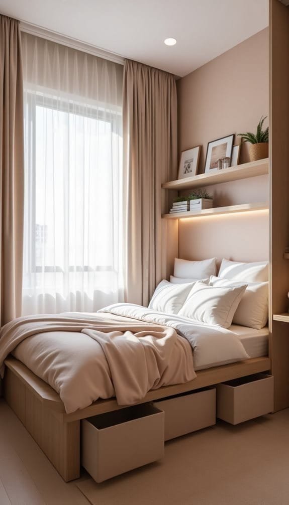 Cozy bedroom featuring a soft beige color palette, a neatly made bed with fluffy pillows and a warm blanket, natural light filtering through sheer curtains, and stylish shelving with decor items.