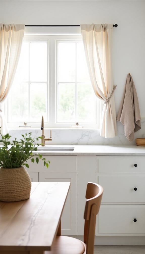 Bright and airy kitchen interior featuring a white countertop, modern gold faucet, and stylish window curtains. A woven plant pot adds greenery to the scene, complementing the wooden dining table and chair for a cozy atmosphere.