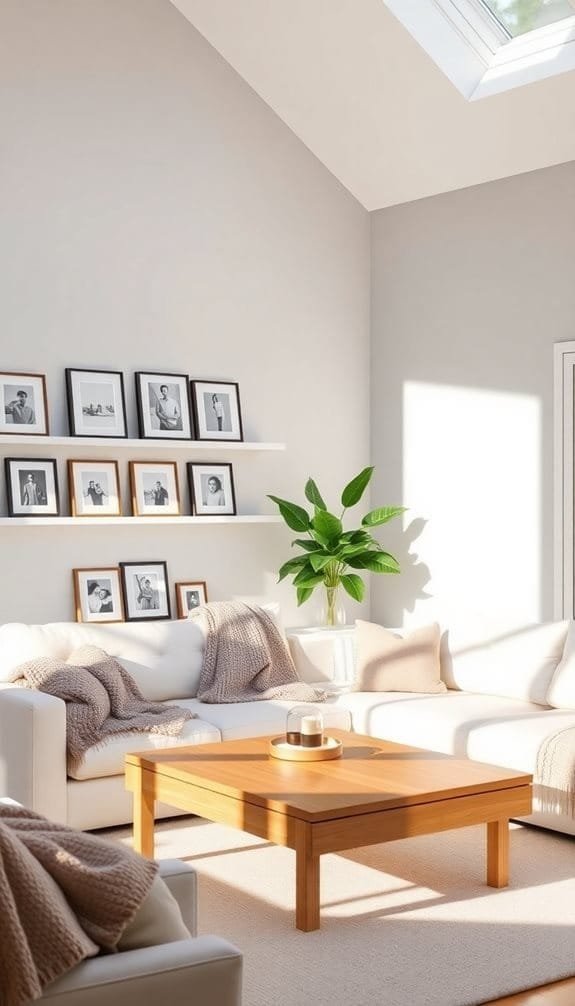 Bright and inviting modern living room featuring a cozy white sofa adorned with a soft blanket, a wooden coffee table with a cup and saucer, and lush green plants. A gallery wall displays framed black-and-white photos above a light-colored carpet, with sunlight streaming through a skylight, enhancing the warm ambiance.