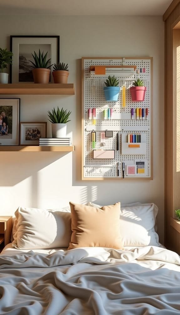 Cozy bedroom featuring a neatly arranged pegboard wall organizer with colorful planters, stationery, and decorative items, complemented by a comfortable bed adorned with soft pillows and blankets, all bathed in warm sunlight.