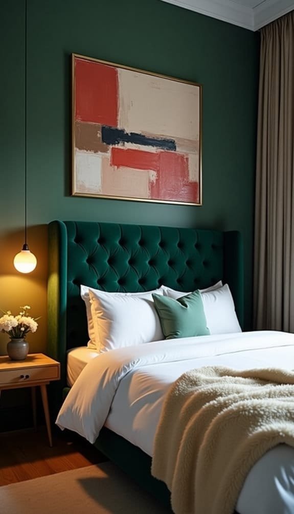 Stylish modern bedroom featuring a green velvet tufted headboard, crisp white bedding, a decorative green pillow, and a cozy beige throw. The room is accentuated by a contemporary art piece on a deep green wall and a pendant light next to a wooden bedside table with a vase of flowers.