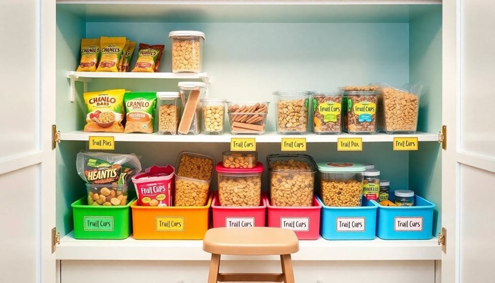 Organized pantry with labeled containers for snacks, including granola, trail mix, and fruit cups, enhancing meal prep efficiency.