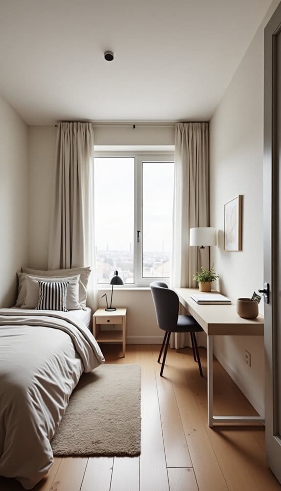 Cozy, minimalist bedroom featuring a comfortable bed with neutral bedding, a small nightstand with a lamp, and a modern workspace with a desk and chair. Natural light floods the room through a large window adorned with elegant curtains, complemented by wooden flooring and decorative elements.