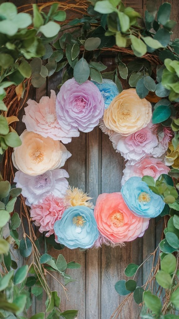 Colorful floral wreath made of paper flowers and greenery against a wooden background, ideal for home decor.