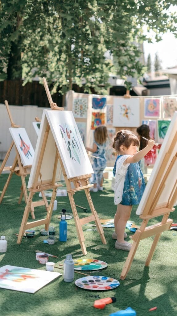 Children painting on easels outdoors, surrounded by vibrant art supplies and colorful artwork displayed in the background.