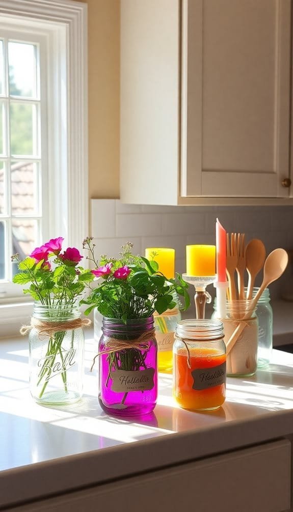 Colorful jars with flowers and candles on a sunny kitchen countertop, creating a vibrant and inviting atmosphere.