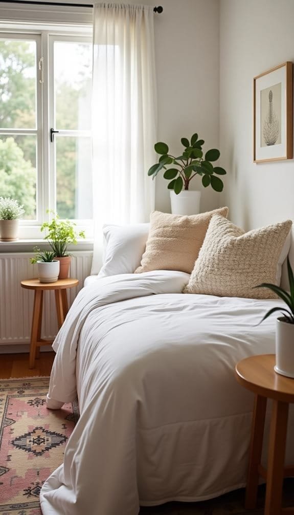 Cozy bedroom featuring a white bed with textured pillows, light curtains, and indoor plants. The room has wooden side tables, a colorful area rug, and a framed artwork, creating a serene and inviting atmosphere.