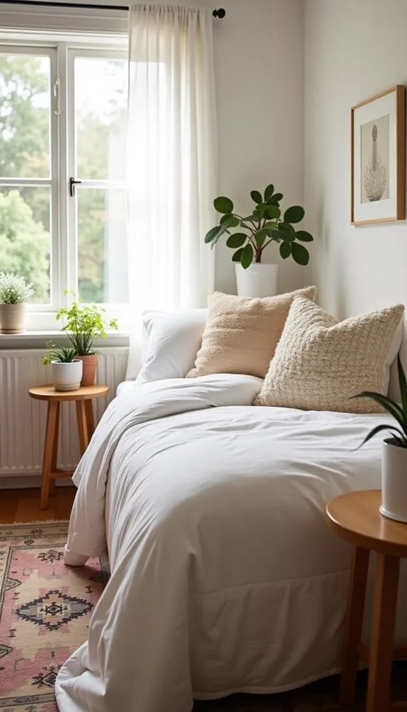 Cozy bedroom featuring a white bed with textured pillows, light curtains, and indoor plants. The room has wooden side tables, a colorful area rug, and a framed artwork, creating a serene and inviting atmosphere.