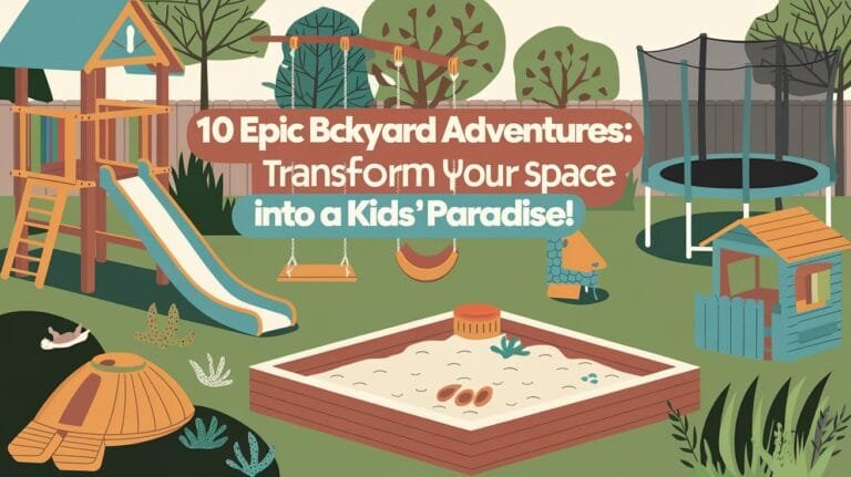 Vibrant backyard with playground, sandbox, trampoline, and playhouse, showcasing fun ideas for children's outdoor adventures.