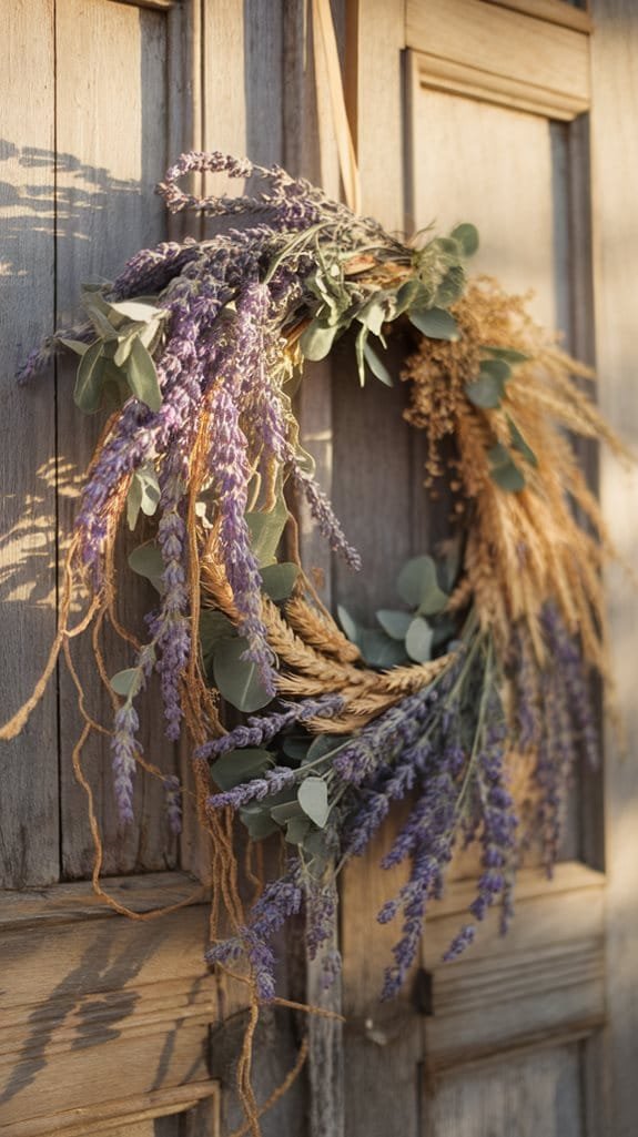 Lavender and dried flowers wreath hanging on a rustic wooden door, creating a cozy, farmhouse aesthetic.