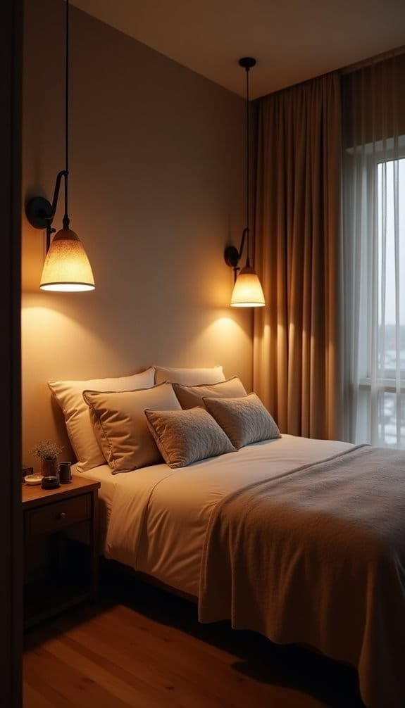 Cozy modern bedroom with warm lighting, a neatly made bed featuring multiple decorative pillows, and a bedside table with a small plant, creating a serene and inviting atmosphere.