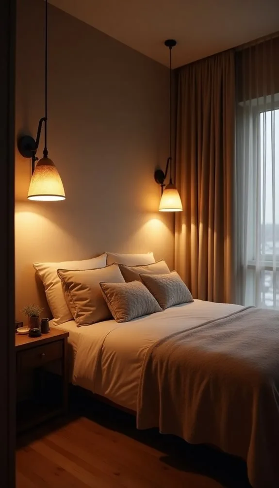 Cozy modern bedroom with warm lighting, a neatly made bed featuring multiple decorative pillows, and a bedside table with a small plant, creating a serene and inviting atmosphere.