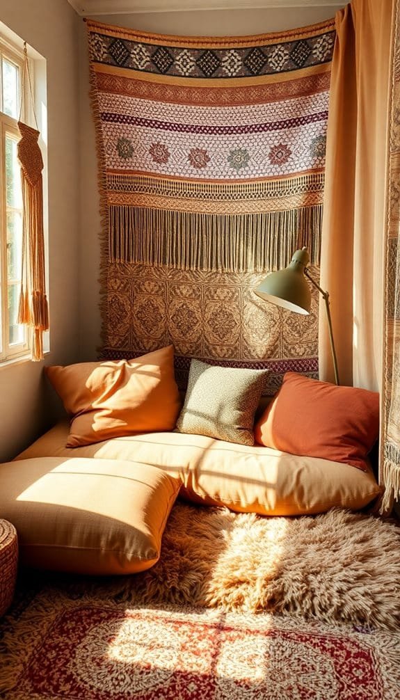 Cozy living room corner with plush cushions, layered rugs, warm lighting, and decorative wall hanging creating an inviting atmosphere.