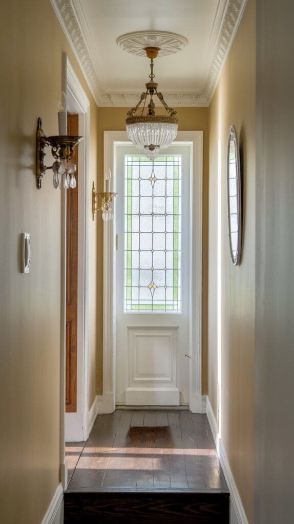 Elegant hallway showcasing a chandelier, vintage decor, and colorful stained glass window, enhancing natural light.