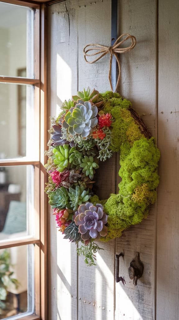 Succulent wreath adorned with vibrant greenery and colorful plants, hanging on a rustic wooden door near a window.