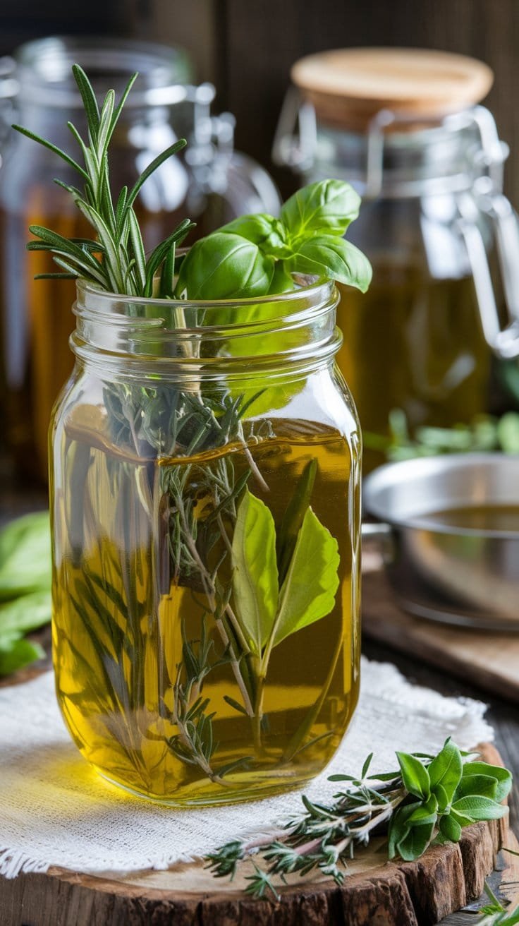 Glass jar filled with infused olive oil and fresh herbs like basil, rosemary, and thyme on a wooden surface.