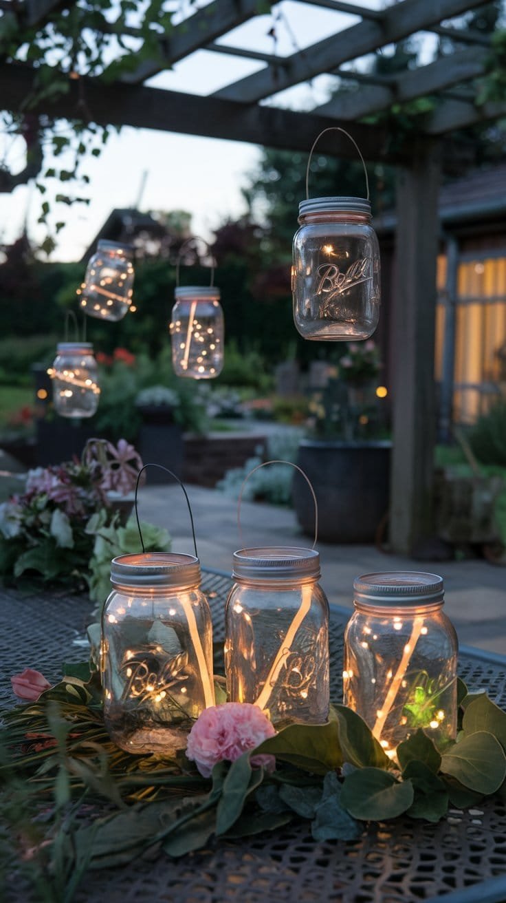 Decorative mason jars with fairy lights create a warm atmosphere in a garden setting during evening hours.